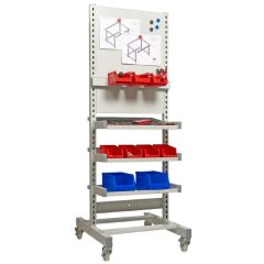 Tilting Shelf & Magnetic Panel Trolley - Shown with Extra Shelves and Storage Bin Containers