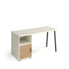 Sparta A-Frame White Desk With Support Pedestal & Oak Cupboard Door