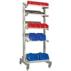 Tilting Shelf Trolley - Shown with Extra Shelves & Storage Bin Containers