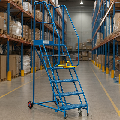 Action shot of 6-tread warehouse steps in warehouse