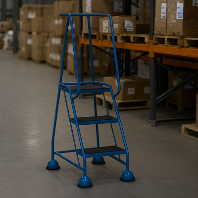 Action shot of 3-tread steps in warehouse