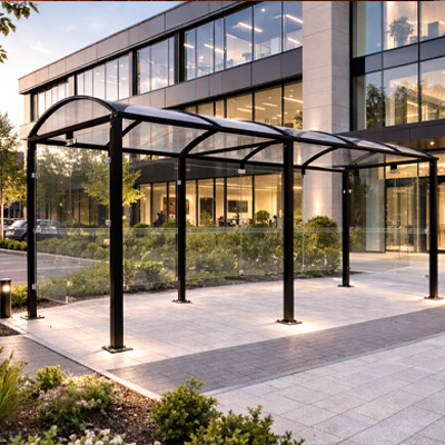 Action shot of shelter outside offices