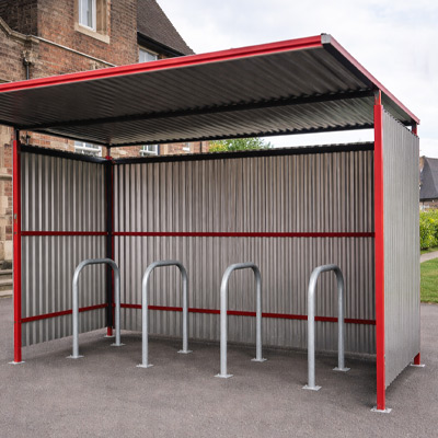 Red Traditional Cycle Shelter with hoops outside