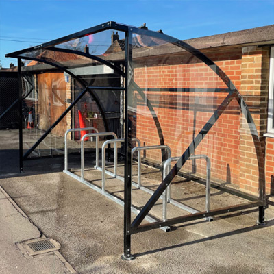 Action shot of Dudley Cycle Shelter with end panels