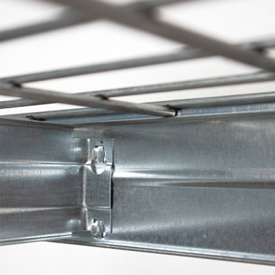 Close up of TUFF 300 galavnised wire mesh shelving